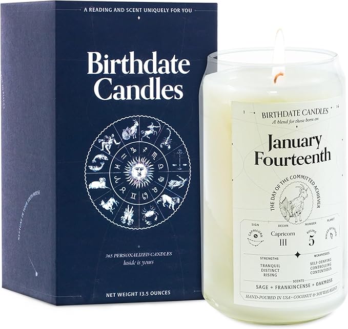 Birthdate Candles, January 14 - Capricorn Zodiac Scented Candles Birthday Gift - Sage, Frankincense & Oakmoss Scent - All-Natural Soy & Coconut Wax, 60-80 Hour Burn Time - Made in USA