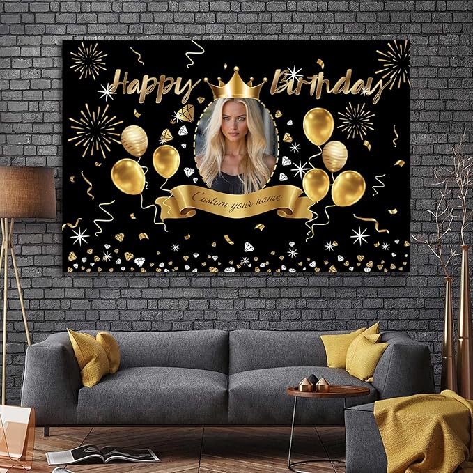 AUBAO Custom Black Gold Crown Happy Birthday Banner Backdrop Personalized Happy Birthday Golden Balloon Diamond Backgroud Party Indoor Outdoor Car Decoration Supplies for Man Women (5x7.5ft)
