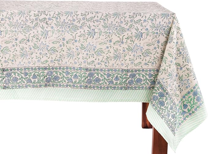 ATOSII Aster Blue 100% Cotton Rectangle Boho Fall Tablecloth, Handblock Floral Table Cloth Linen for Kitchen Dining I Parties Wedding Outdoors Christmas Thanksgiving I Fall Home Decor 60 X 108 Inches