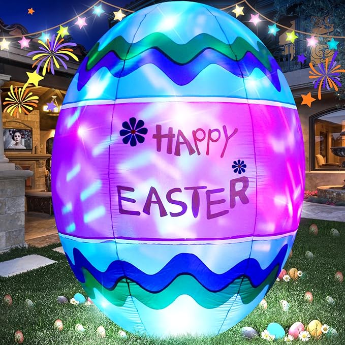 6FT Easter Egg Inflatable Outdoor Yard Decoration Build-in LED Lights,Colorful Large Easter Painted Eggshell Blow up Lighted-up Decorations Holiday Addition for Party,Garden,Lawn,Porch