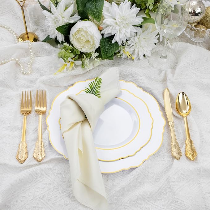 Liacere 175pcs Gold Plastic Plates - White and Gold Disposable, 50PCS Plastic Dinner Plates, Perfect for Wedding & Party & Holiday & Mother's Day & New Year