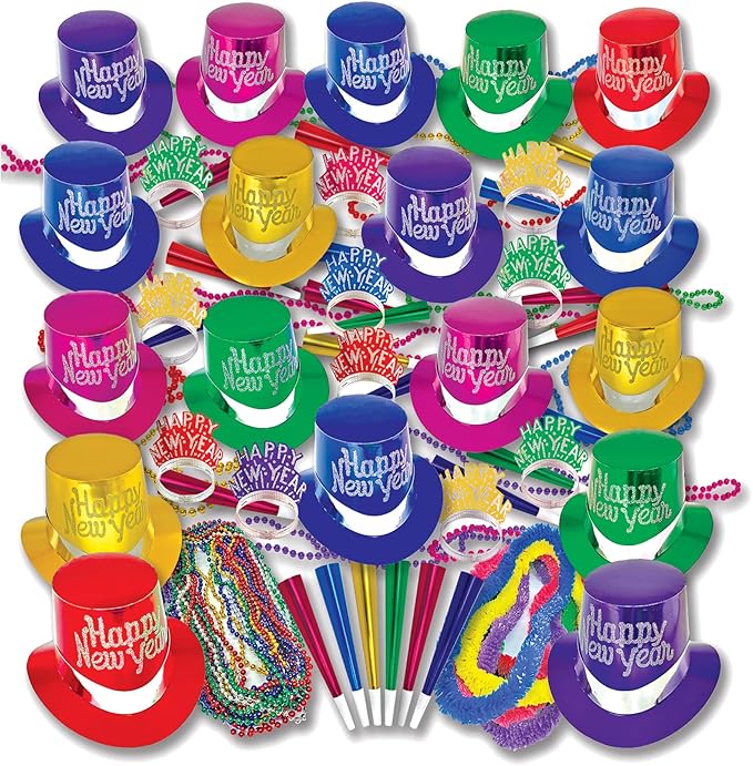 Crown Display New Years Party Favors 2026 200 Person Multi Color Top Hats Tiaras Horns Noise Makers New Year Eve Hats Happy New Year Hats Decorations 2026 New Years Eve Party Favors