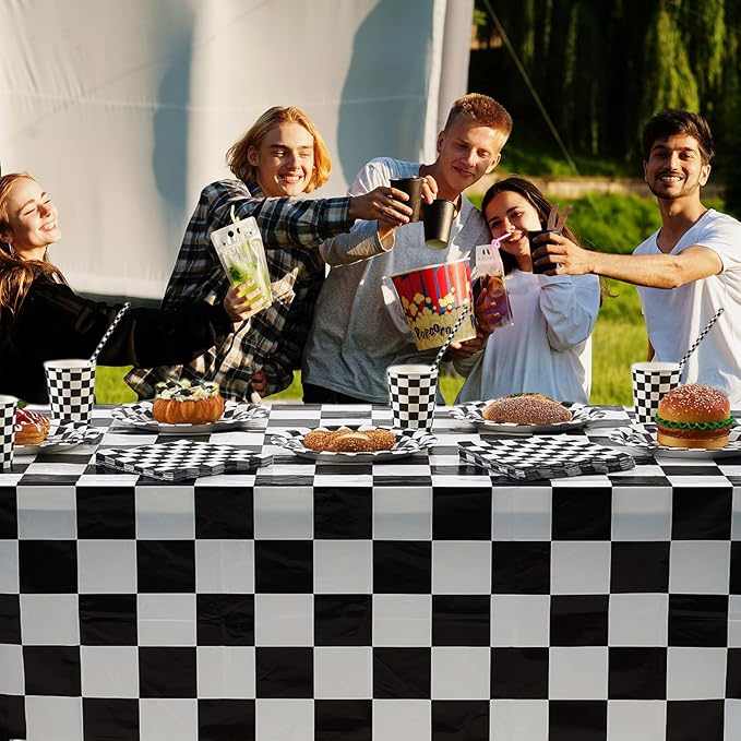 452 Pcs Checkered Flag Party Supplies for 50 Guests, Black and White Checkered Paper Plates Napkins Cups Tablecloth Cutlery Straws for Race Car Birthday Party Decorations