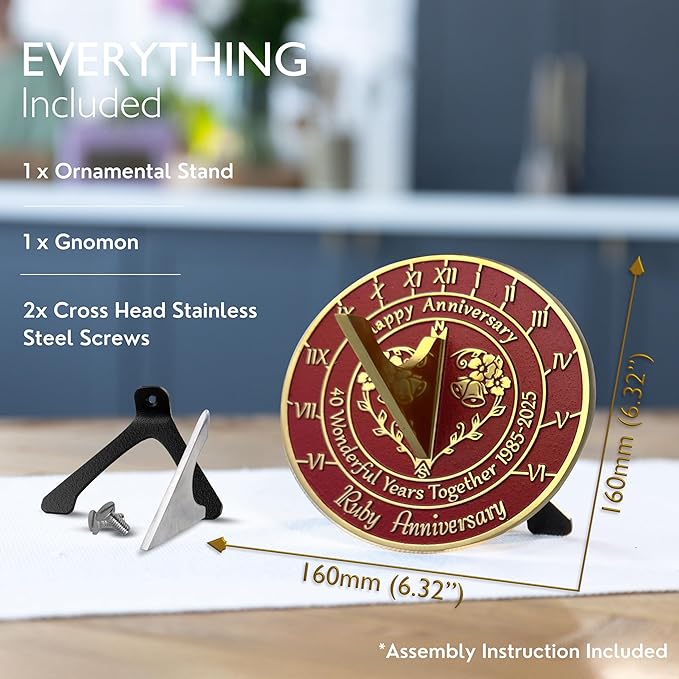 Anniversary Sundial Gift for 40th Ruby Wedding Anniversary in 2025 - Recycled Metal Home Decor Or Garden Present Idea - Handmade in UK for Him, Her Parents Or Couples 40 Year Celebration