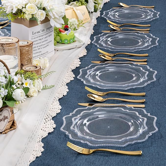 COLOSUS 100pcs Clear Plastic Plates - Heavy Duty Plastic Plates Disposable for Party/wedding Include 50pcs Dinner Plates and 50pcs Dessert Plates.