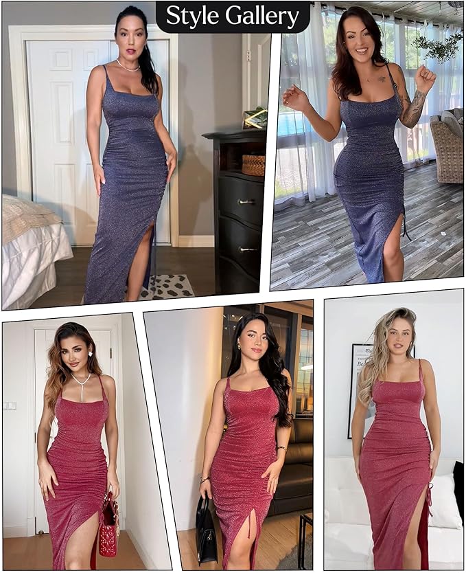 Popilush Shapewear Midi Dress Women's Sparkly Formal Wedding Guest Cocktail Dresses Fall Square Neck Ruched Dress Side Slit