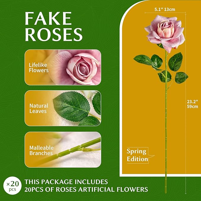 Artificial Flowers Artificial Roses Fake Roses 23.2In 20PCS Long Stem Artificial Flowers for Tall Vase Silk Rose Suitable for Indoor Wedding Party Decor Valentine's Day DIY Bouquet Spring,Pink