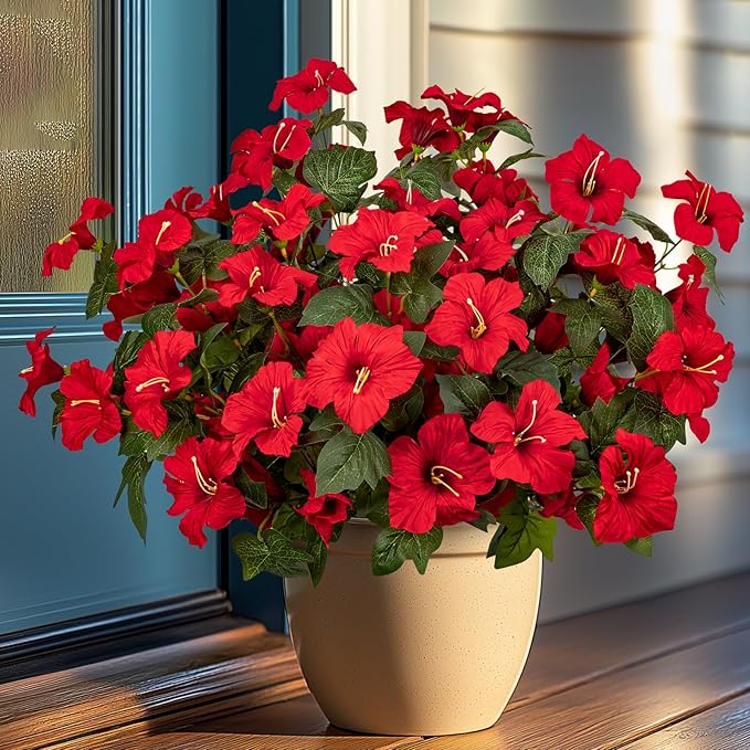 19 Inch Artificial Fake Flowers for Outdoor,4 Pcs Faux Silk Petunias Spring Flowers for Outside for Indoor Porch Planter Front Door Garden Patio Window Box Home Decor(Red)