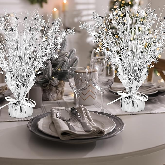 Crowye 18 Pcs Foil Spray Centerpiece Valentine's Day Table Decoration Winter Party Star Burst Metallic Table Centerpieces for Party Birthday Season Holiday(Silver)