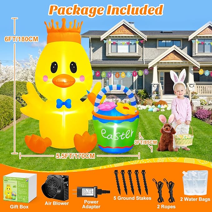 Danxilu 6 FT Tall Easter Inflatables Outdoor Decorations, Giant Blow Up Chick with Flower Basket & Crown, Built-in LED Lights Yard Decor for Outside Indoor Party Patio Lawn Holiday Spring