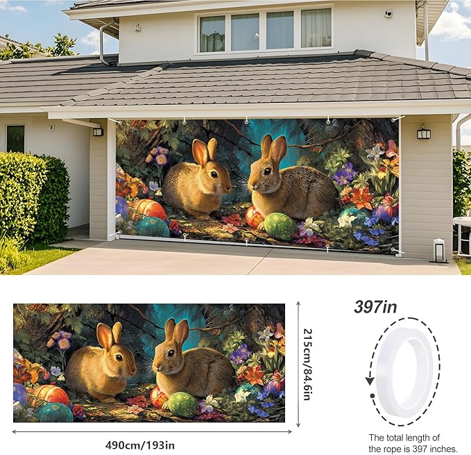 Easter Bunnies and Eggs Garage Door Banner 7x16FT, Cute Bunnies and Colorful Eggs Outdoor Spring Holiday Decoration for Yard and Garage