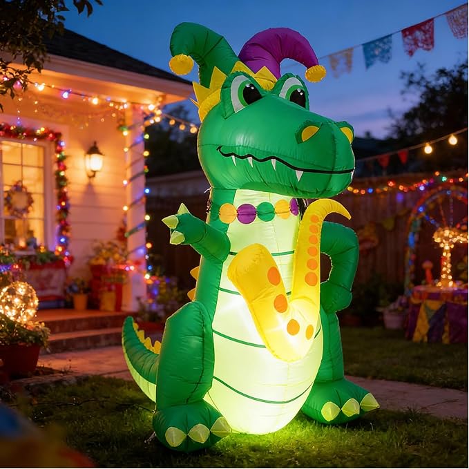 VIHOSE 5.5 FT Mardi Gras Inflatable Decoration Large Blow Up Alligator with Saxophone Necklace and Jester Hat Built in LED Lights for Mardi Gras Yard Garden Outdoor Decoration