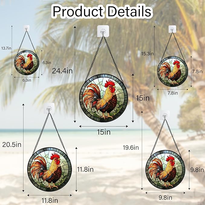Stained Glass Window Hanging - Rooster Suncatcher for Doors Garden Patio Retro Colored Chicken Sun Catchers Decor Christmas Mother's Day Birthday Gifts for Women Men Mom Nana Friend 15 in