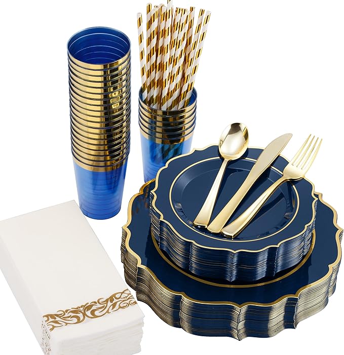 200 PCS Premium Blue Plastic Plates for 25 Guests, Heavy Duty Blue and Gold Disposable Plate, include 25 Plastic Dinner/Dessert Plates, 75 Silverware Set, 25 Cups, Straws for Party Christmas