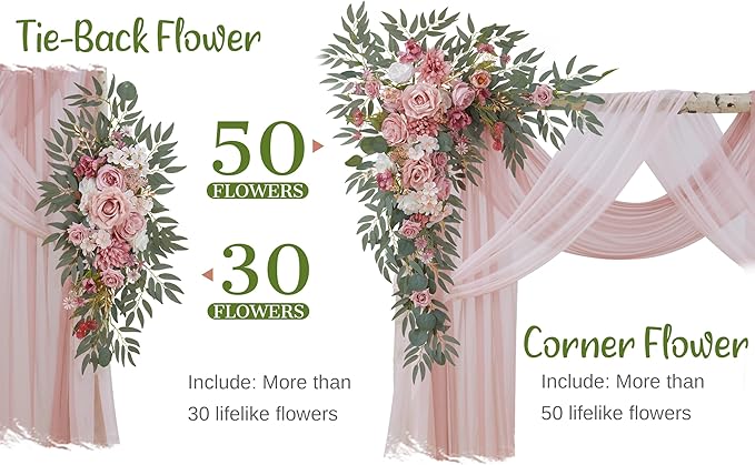 Wedding Arch Flowers with Drapes Kit (Pack of 4) - 2pcs Artificial Dusty Rose Deluxe Swag with 2pcs Sheer Drapes for Wedding Ceremony Arbor Reception Backdrop Rose Floral Decoration