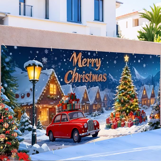 Merry Christmas Garage Door Banner 7x16FT Snowy Village Scene with Car & Tree, Holiday Garage Door Cover for Outdoor Xmas Decorations