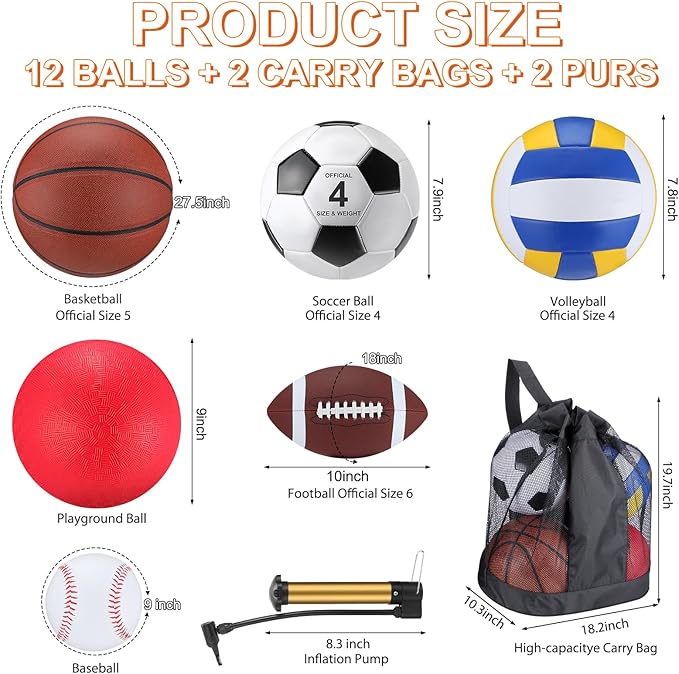 Deekin 12 Pcs Assorted Sport Ball Set for Kids Official Size Basketball Football Volleyball Soccer Baseball Playground Ball with Bag and Pump for Valentine's Kid Youth Gift