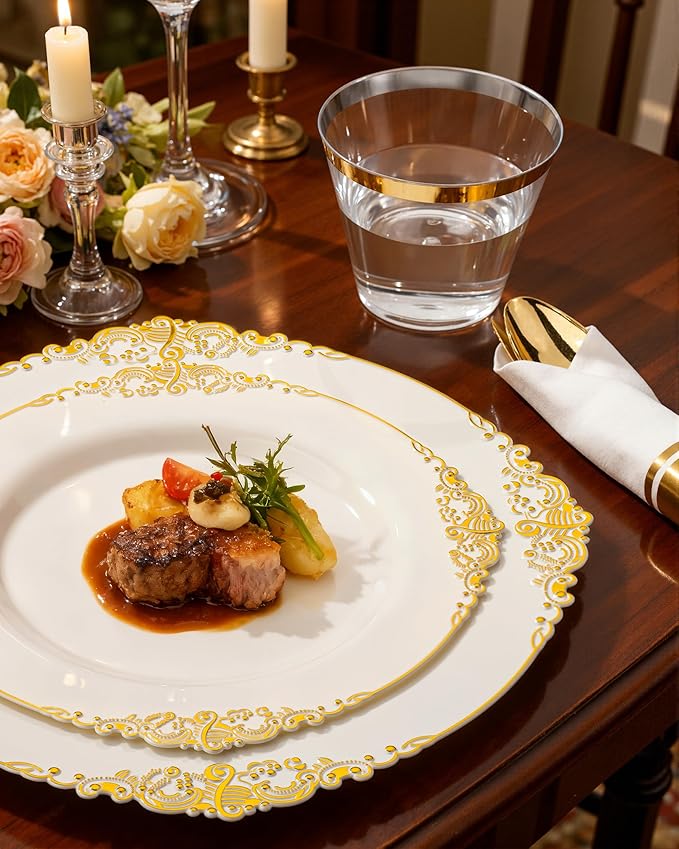 Nervure 100Pcs Ivory Plastic Plates - 7.5inch Ivory and Gold Disposable Plates - Heavyweight Plastic Plate - Dessert Plate for Wedding & Party