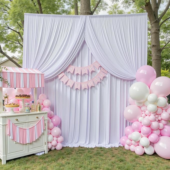 50ft x 10ftt Wrinkle Free White Backdrop Curtains for Parties Wedding, 10 Panels 5x10ft Silky Soft Polyester Photo Backdrop Drapes for Party Birthday Baby Shower Photography Cloth Background