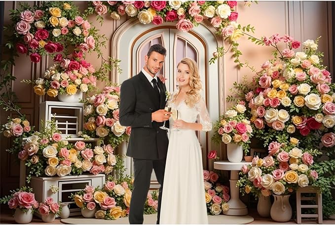 12x8ft Pink Flowers Wedding Backdrop Elegant Rose Blossom Floral Plant Woman Bride Party Girls Photography Background Bridal Shower Photo Studio Shoot