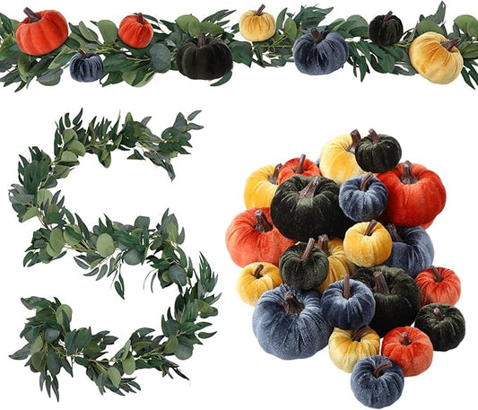 2 Pcs Artificial Maple Leaf Rattan Garland 24 Harvest Velvet Foam Fabric Pumpkins Decorative for Home Farmhouse Fireplace(Colorful)