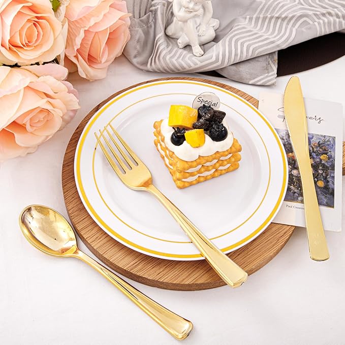 Supernal 360pcs Gold Plastic Silverware Heavy Duty Disposable Cutlery Gold flatware Sets Include 120 Forks, 120 Knives, 120 Spoons, Suitable for Party, Birthday, Wedding