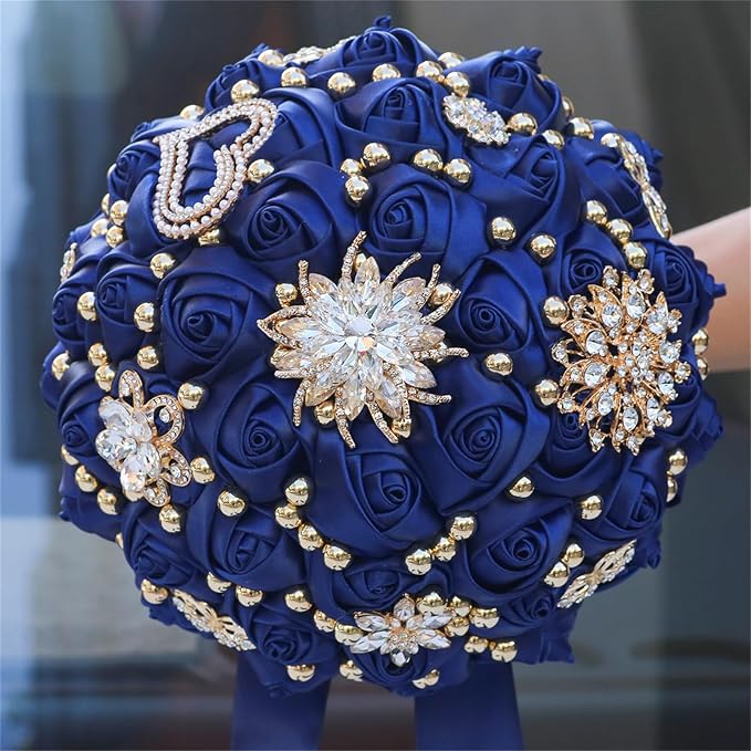 Bridal Wedding Bouquet for Bride Bridesmaid Wedding Quinceanera Throw Toss Artificial Rose Flower Bunch with Bling Brooch (07G#Navy, Small (Dia. 7.5"/18cm))