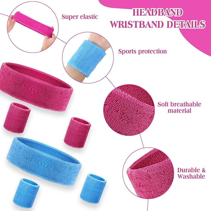 72 Pcs 80s Neon Headbands Sweatband Set, Include 24 Sports Headbands and 48 Sweat Wristbands Bulk for Woman Man