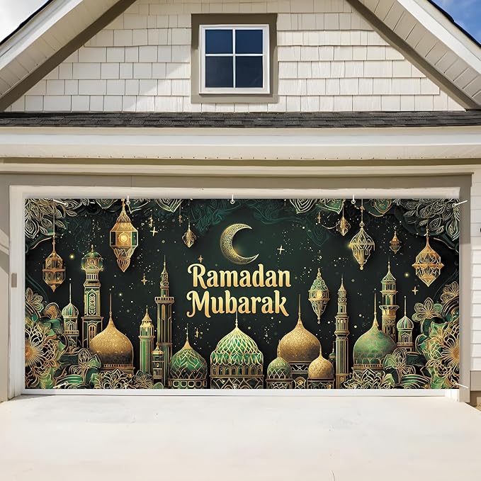 Ramadan Mubarak Garage Door Banner 7x16FT, Islamic Crescent Moon & Lanterns Design, Outdoor Decoration for Ramadan and Eid Celebrations