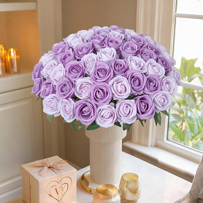 50 PCS Purple Roses Artificial Flowers, Fake Roses with Stem Realistic Silk Roses for DIY Wedding Bouquets Table Centerpieces Arrangements Baby Shower Birthday Home Decor Valentine's Day Gift for Her