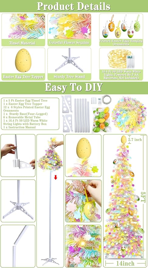 Timer - Easter Decorations, 5Ft Lighted Easter Tree with 50 LED Warm White Lights 12 Colorful Eggs Ornaments Battery Operated Easter Egg Tree Pop Up Tinsel Collapsible Tree for Home Porch Office Party