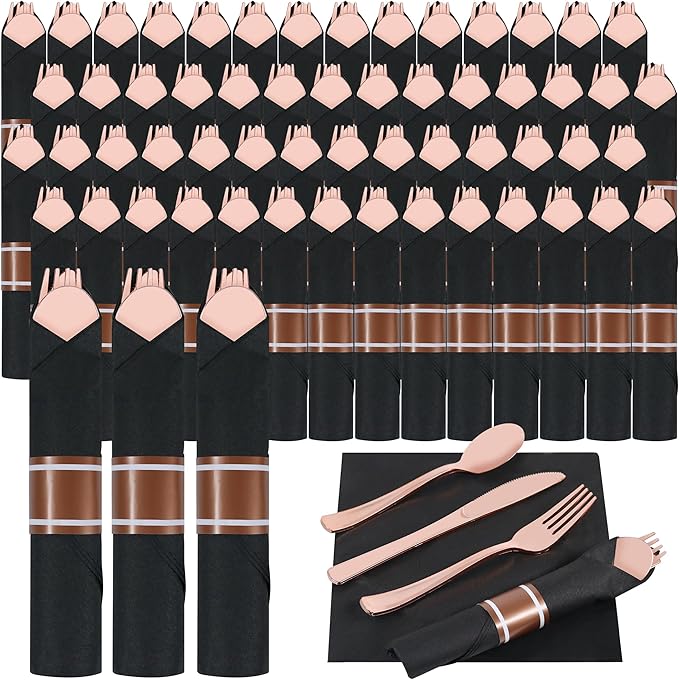 800 PCS Pre Rolled Cutlery Sets, Premium Rose Gold Plastic Flatware Set Wrapped in Black Napkin, Disposable Cutlery Set with 200 Forks, 200 Knives, 200 Spoons, 200 Napkins for Wedding, Party, Dinner