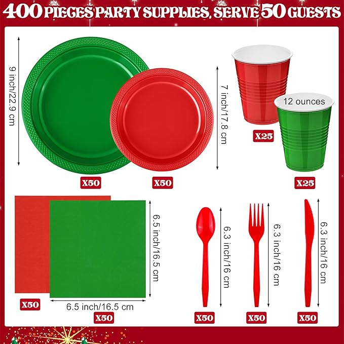 Aodaer 400 Pieces Christmas Party Supplies Red Green Plastic Dinnerware Include Plates Cups Knives Forks Spoons Paper Napkins for Christmas Birthday Wedding Parties, Serve 50 Guests