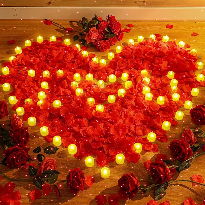 Hanaive 8000 Pcs Artificial Rose Petals with 120 Pcs Flameless LED Tea Light Candles Set Romantic Special Night Decorations for Proposal Anniversary Wedding Valentines Decor(Classic Color)