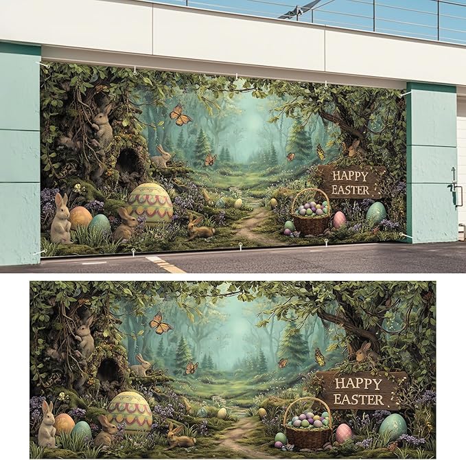 Happy Easter Woodland Scene Garage Door Banner 7x16FT, Bunny & Colorful Easter Eggs Garage Door Cover, Outdoor Spring Decor for Yard, Garage & Front Door