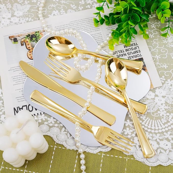 Nervure 400PCS Pre Rolled Gold Plastic Silverware Sets - Heavy Duty Gold Cutlery - Include 100 Pack Wrapped Disposable Utensils with Napkins for Parties, Dinners & Weddings