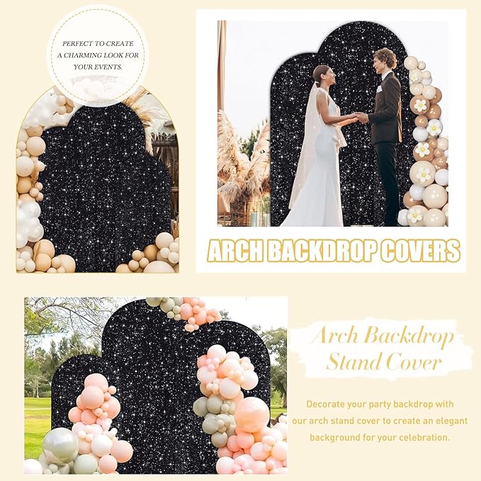 Arch Backdrop Cover Set of 2 Wedding Arch Covers 7.2FT and 6FT Black Spandex Sequin Arched Covers Stretchy Backdrops Balloon Chiara Backdrop Stand Cover for Birthday Party Bridal Baby Shower Decor