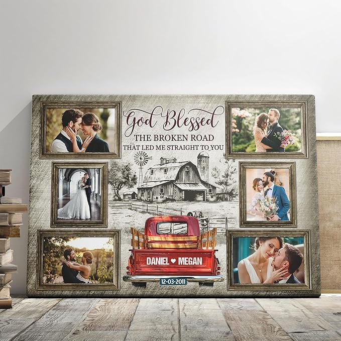 Dem Canvas Personalized Couple Canvas Prints, Custom Love Photo And Name, Beautiful Farmhouse God Blessed The Broken Road, Wedding Gifts For Couple Anniversary Valentines Engagement Gift For Couples