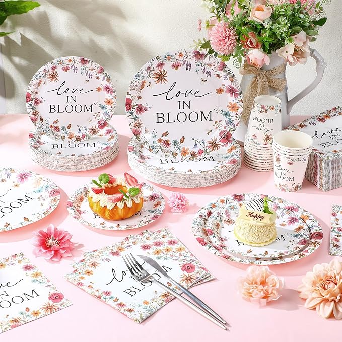 Zhehao 250 Pcs Bridal Shower Plates Napkins Sets 50 Pcs 9'' Dinner Plates 50 7'' Dessert Plate and 9oz Cups 100 Napkins Party Supplies Bridal Shower Decoration (Multicolor,Love in Bloom)