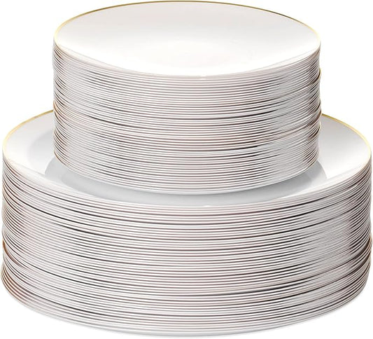 100PCS White Dinnerware Combo | 50 Gold Rim Appetizer/Dessert Plates (7.5in) & 50 Dinner Plates (10in) | Heavy Duty Disposable Plastic Plates For Wedding, Parties, Catering