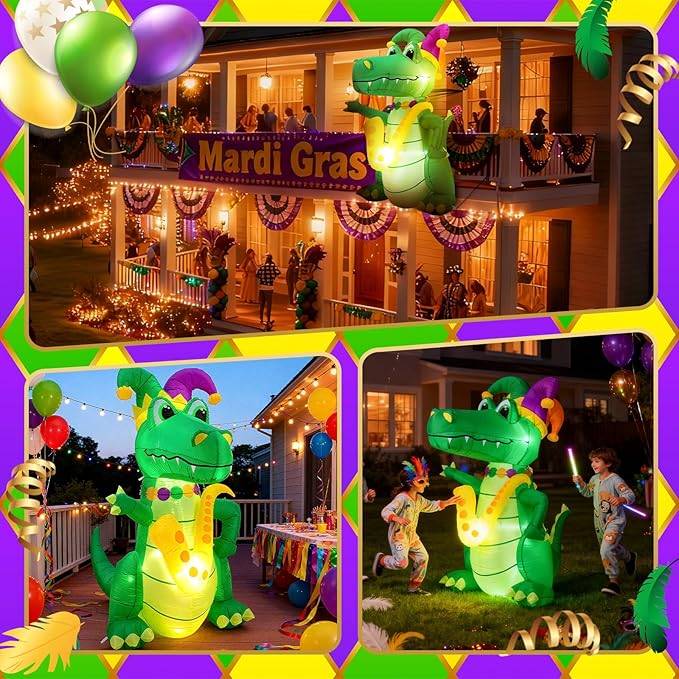 VIHOSE 5.5 FT Mardi Gras Inflatable Decoration Large Blow Up Alligator with Saxophone Necklace and Jester Hat Built in LED Lights for Mardi Gras Yard Garden Outdoor Decoration