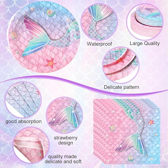 452 Pcs Mermaid Party Decorations Include Sea Mermaid Paper Plates Napkins Cups Tablecloth Cutlery Straws Ocean Tableware for Baby Shower Birthday Party Supplies