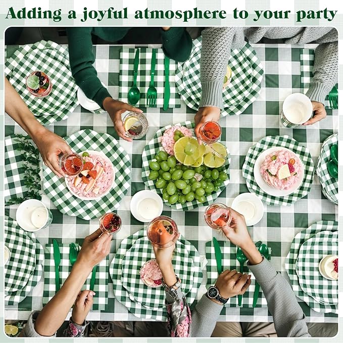 452 Pcs Green Gingham Party Supplies for 50, Dark Green Plaid Checkered Paper Plates Napkins Cups Tablecloth Cutlery Straws for Holiday Birthday Baby Shower Party Decoration