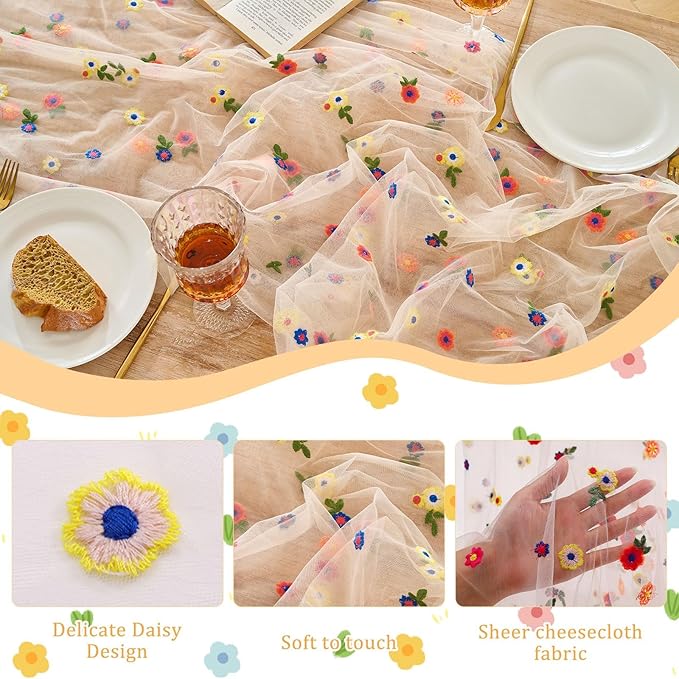 6PCS Champagne Floral Table Runner 10 FT, Embroidery Daisy Table Runners Seasonal Spring Summer Sheer Tulle Dining Table Decor for Home Party Birthday Decor 29x120 Inch ﻿