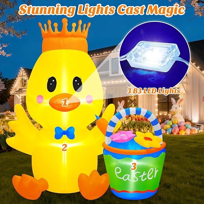 Danxilu 6 FT Tall Easter Inflatables Outdoor Decorations, Giant Blow Up Chick with Flower Basket & Crown, Built-in LED Lights Yard Decor for Outside Indoor Party Patio Lawn Holiday Spring