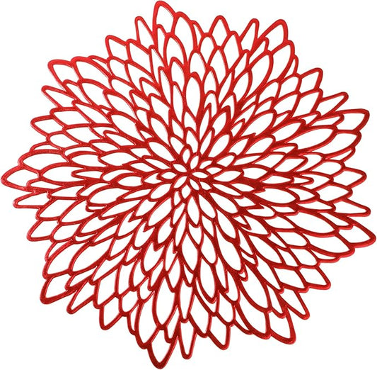 Snowkingdom Red Placemats Pressed Vinyl Metallic Shiny Floral Dinning Mats Round Leaf Table Decoration for Halloween Mother's Day Valentine Weddings Mother's Day Christmas Holiday Celebrations 18 Pack