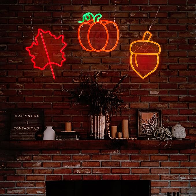 Hanna Roberts 3 PcsThanksgiving Neon Sign, Pumpkin Maple Leaf Acorn Neon LED Lights, USB Powered window lights for Halloween Thanksgiving Party, 3D Wall Art Signs for Home Bedroom Living Room
