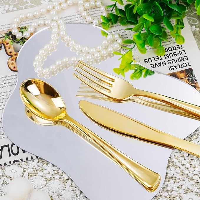 Nervure 400PCS Pre Rolled Gold Plastic Silverware Sets - Heavy Duty Gold Cutlery - Include 100 Pack Wrapped Disposable Utensils with Napkins for Parties, Dinners & Weddings