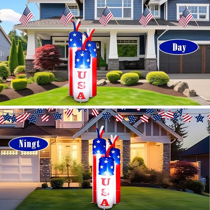 VIHOSE 4 ft 4th of July Inflatables Decoration 250th Birthday Patriotic Blow up Firecracker Independence Inflatable with Build-in LED for Party Indoor Outdoor Lawn Garden Decor
