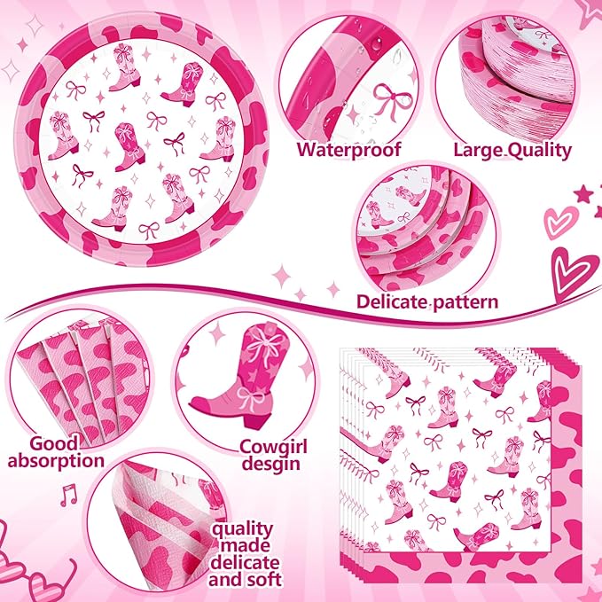 Pickmesh 400 Pcs Western Pink Cowgirl Party Plates and Napkin Decoration Disco Pink Coquette Bow Cowgirl Tableware Cups Knives for Western Wedding Birthday Bachelorette Party Supplies Serve 50